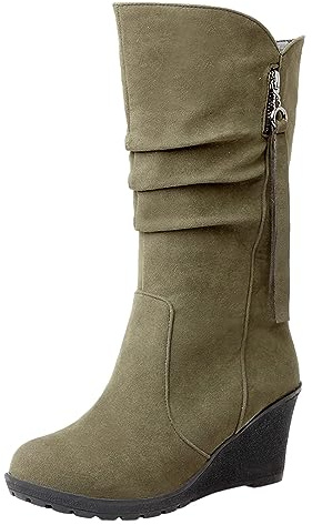rismart Stivali Western Donna Polpaccio Medio Tacco a Zeppa Foderato con pelliccia sottile Camoscio Scarpe Invernali Verde Esercito,38