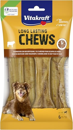 Vitakraft Chews - Bocadillo para Perros, 14 cm de Largo, Hueso masticable de Larga duración, para un Intenso Empleo, de Piel de Vacuno Seca y prensada, para Perros Grandes (1 x 6 Unidades)