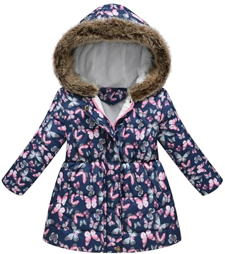 Maeau Chaqueta de invierno para niñas con capucha de piel sintética, abrigo largo acolchado a prueba de viento, azul marino, 3-4 años