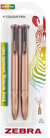 Zebra Pen Z-GRIP 4 Colour Retractable Ballpoint Pens 2pk - Rose Gold Side Click Pens, Medium Point With Black, Blue, Green & Red Ink, Ergonomic Grip, With Refillable Ink & Recyclable Packaging
