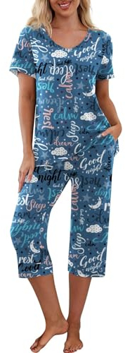PrinStory Pyjamasset för kvinnor, sovkläder, lounge-kläder, kortärmad t-shirt, capribyxor, med fickor