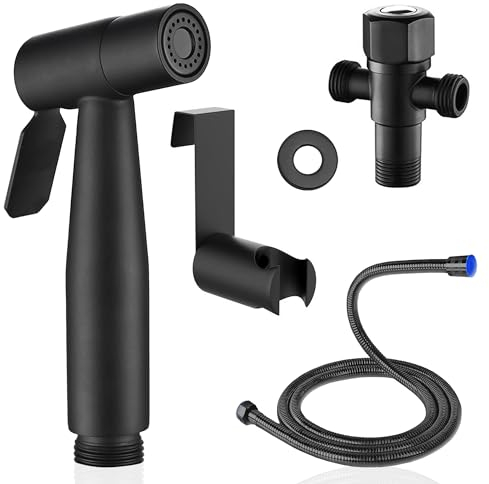 Bidet handbrause für toilette schwarz rostfreier Stahl kompletter Bausatz mit 2 Meter extra langem flexiblen Schlauch Halterung und Umlenkventil