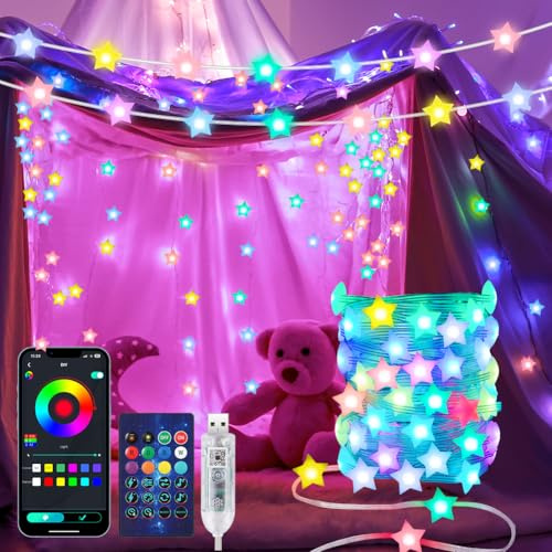 AUAUY Smart Star String Lights, 10M 66 LED Utomhus/Inomhus färgskiftande Fairy Lights, USB-driven, med app, Halloween-festdekoration, jul | Flerfärgad, inbyggt RGB-chip, färgskiftande älvljus, för inomhus och utomhus, fest, bröllop