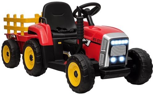 HOMCOM Tractor Eléctrico con Remolque Desmontable para Niños de 3-6 Años con Control Remoto Música MP3 Pantalla Luces y Cinturón de Seguridad 136,5x50x52,5 cm Rojo