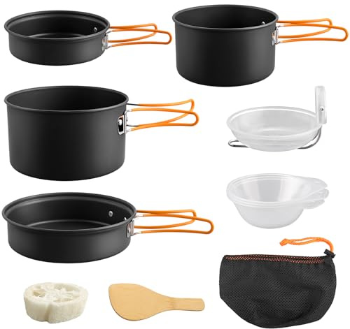 FUNYKICH Set de Cuisine Camping Portable en Aluminium Anodisé,Kit de Cuisine Casseroles,Bols,Cuillères à Soupe et à Riz pour 1-3 Personnes pour Camping,Randonnée,Pique Nique et Activités de Plein Air