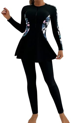 AGYMNX Muslim Swimwear for Women Modest Swimsuit Long Sleeve Floral Print Muslim Swimming Costume 2 Piece Burkini Swimming Tops + Swimming Pants Beachwear Black with Blue Leaves L