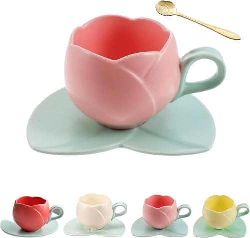 Tazza a tulipano, tazza ceramica rosa, gialla, beige, rossa, con cucchiaio