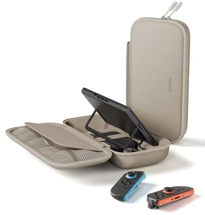 Belkin Gaming Charger Case Compatible with Nintendo Switch 2, with Removable 10,000mAh Power Bank, LCD Display, 30W Fast Charging, Charger with Holder for AirTag & Games - Sand