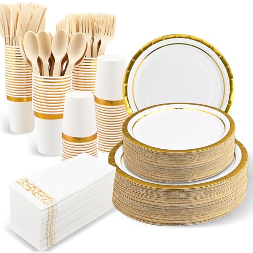 350 Pcs Gold-Rimmed Tableware Set, Disposable Paper Dinnerware Includes Paper Plates Napkins Cups Knife Fork Spoon for Party Birthday Wedding Picnic Camping