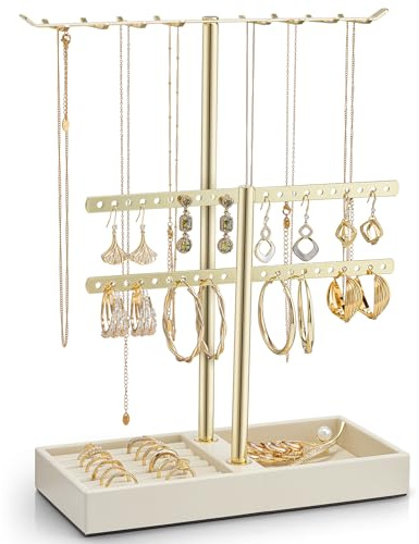 VLANDO 2 Tier Jewelry Stand Organizer with Tary, Leather Jewelry Holder Display for Women, Gold Jewlery Holder Stand for Necklace, Earring, Bracelet, Rings - Cloud White