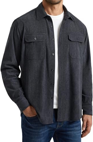 Enlision Chemise Homme Velours Côtelé Veste Décontractée Boutonnée Surchemise Rétro Coupe Ample Toucher Doux Haut de Mi-Saison Gris foncé XL