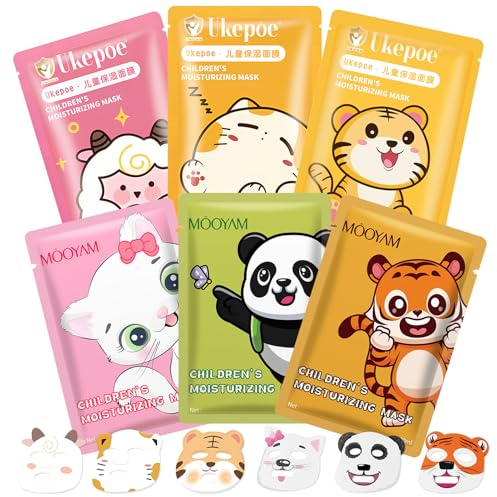 6 Pezzi Maschere Viso, Maschera Viso Animali, Maschera viso Antirughe, Maschere viso in Tessuto, per Azione Idratante, Detergente, Kit Skin Care