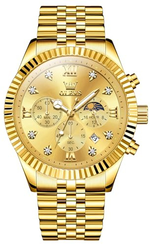 OLEVS Uhr Gold Herren Großgesicht Klassisches Luxus Chronograph Herrenuhr Goldene Edelstahl Analog Quarz Diamant Armbanduhr Herren Römische Ziffern Wasserdicht Leuchtend mit Datum Herrenarmbanduhr
