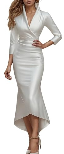 Cexiakong Abito lungo da donna, in raso, abito da cocktail, abito da sposa, abito curvy con scollo a V, abito da sera lungo, abito avvolgente, a maniche lunghe, da lavoro, elegante