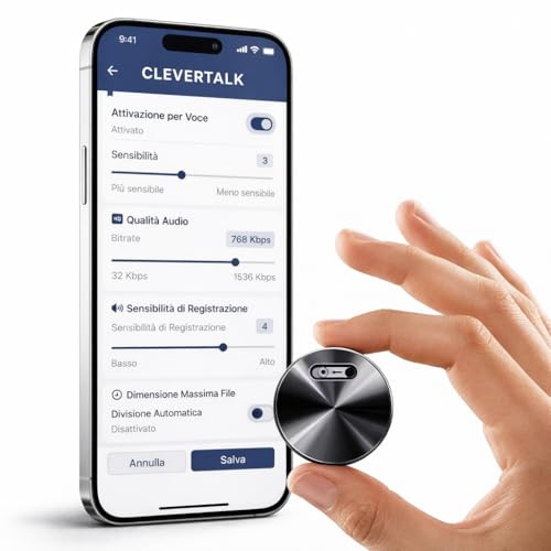 CleverTalk Q37 Registratore Vocale con IA | Attivazione Vocale | App Mobile, Mac, Windows e Web | Cloud Europeo GDPR | 64GB | Audio HD 1536kbps | USB-C