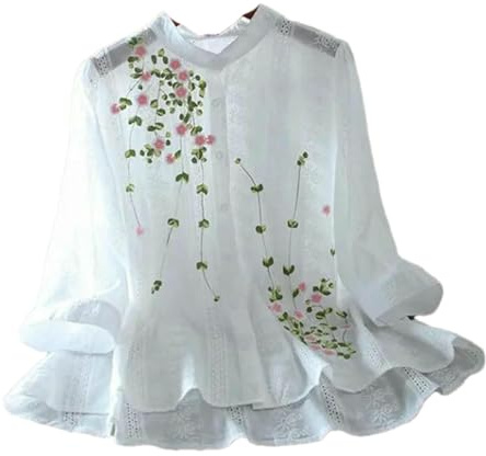 GaoLeAve Chemisier blanc brodé à manches courtes en dentelle florale vintage ample boutonné haut d'été décontracté