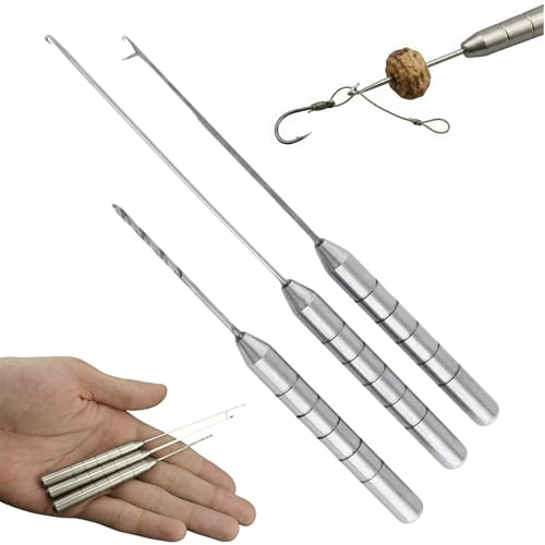 XoeLLe Set de 3 Herramientas para el Cebado Fabricadas en Acero Inoxidable Diseñadas Específicamente para La Pesca (Aguja de Gancho 13.4cm Aguja Perforadora 12.4cm de Enhebrar 10 1)