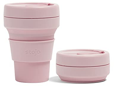 STOJO On-The-Go Collapsible Coffee Cup - 12oz / 355ml - Reusable & Foldable Silicone Travel Mug with Lid - Portable, Pocket Size - Dishwasher Safe - Carnation