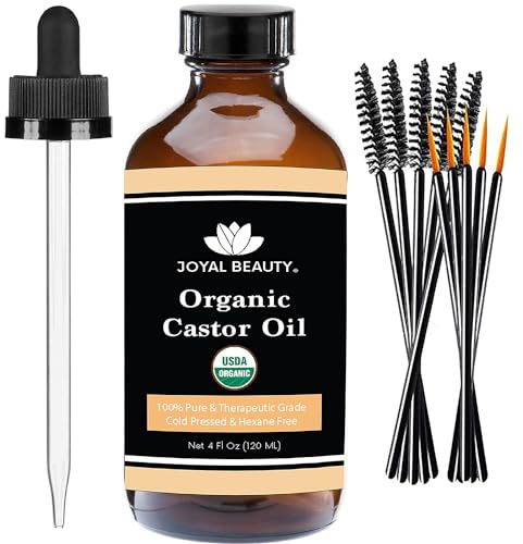 JOYAL BEAUTY Castor Oil USDA Certified Organic(4oz). 100% Pure Cold Pressed Unrefined Hexane Free Glass Bottle. Hair Eyelashes Eyebrows Lash Serum. For Face, Skin, Body, Belly Button. Free Mascara