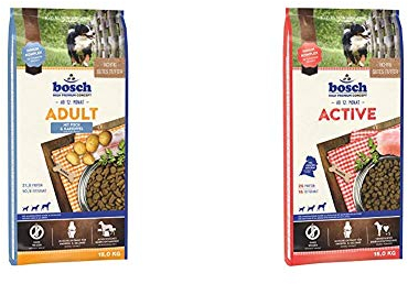 Bosch HPC Adult mit Fisch & Kartoffel | Hundetrockenfutter für ausgewachsene Hunde, 1 x 15 kg & HPC Active | Hundetrockenfutter für ausgewachsene Hunde Aller Rassen, 1 x 15 kg