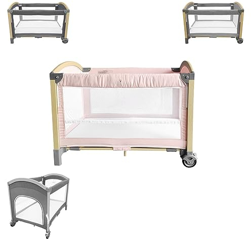 Kikkaboo Reisebett Laufstall Tender 2 Ebenen seitliche Öffnung 2 Räder Bremsen, Farbe:rosa