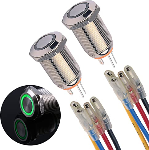 JIQI 2× 12mm 12V bis 24V 2A selbsthaltend wasserdicht Druckschalter Rastend Druckknopf aus Metall Latch EIN/AUS Schalter mit LED Kontrollleuchte IP66 1NO Latching Button Switch für Boot LKW Auto(Grün)