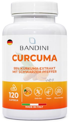 Bandini® Curcuma Estratto | 120 capsule/4 mesi di fornitura | 700 mg per capsula di Kurkuma al 95% + Piperina dal Pepe Nero (Alto Dosaggio) | Alternativa alla Polvere | Tumeric 100% Vegan Senza OGM