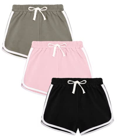 Auranso Girls Athletic Shorts 6-14 Years Teen Kids Running PE Gym Sports Shorts Colourful Summer Casual Beach Short Pants 3 Pack Black Pink Grey, 12-14 Years