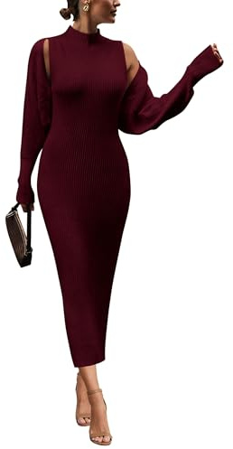 PRETTYGARDEN Women's Fall 2 Piece Outfits Knit Long Sleeve Cropped Cardigan Pullover Sweater Maxi Dress Sets Winter Clothing (Wine Red,Medium)