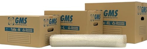 GMS - Packs Cajas Cartón Mudanza 10-50x30x30cm, 5-43x30x25cm y 5-55x35x35cm + Burbuja Para Mudanzas y Almacenaje con Asas y Con Burbuja 50cm x 7m. Cartón Alta Resistencia (Pack Cajas 10L+5M+5XL)