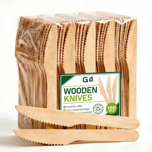 G4GADGET 100x Wooden Knives Disposable Biodegradable Birch Wood Utensils for Parties, Picnics, Weddings, BBQs, and Events