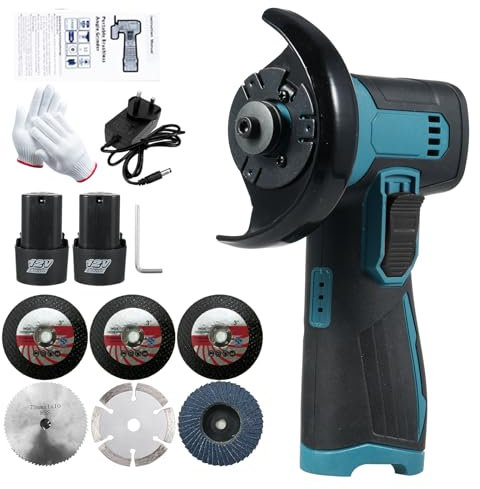 Mini Angle Grinder, Weytoll 12V 19500RPM Cordless Brush Angle Grinder Include 6PCS Cutting Disc, Ginding Disc 3 Inch/76mm, with 2PCS 1300mAh Battery, Suitable for cutting, grinding and polishing -Blue