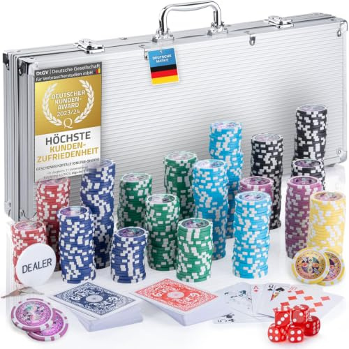 Mallette de poker Profi Pokerset comprenant 300-500 jetons de poker de haute qualité ; deck de poker, jeu de cartes, cartes de poker, dés, bouton de croupier ; casino à domicile (Argent, 500 Jetons)
