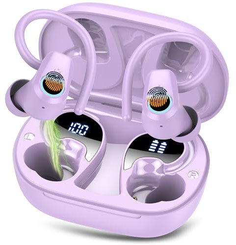 Wireless Earbuds, 2025 Bluetooth 5.4 Headphones Sport with 4 ENC Noise Canceling Mic, 50H Stereo Wireless Earphones with Earhooks, LED USB-C, IP7 Waterproof Bluetooth Earbuds for Gym Running, Violet
