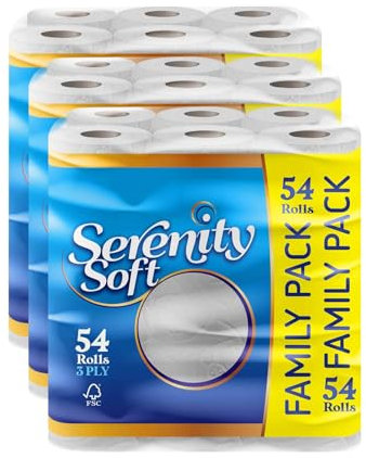 Serenity Toilet Tissue 54 Rolls, 3 Ply Quilted Toilet Rolls Bulk Buy, Luxuriously Soft, Gentle and Hypoallergenic Sustainable Bulk Toilet Rolls for Your Family - Dermatologically Tested (54)