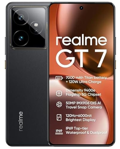 realme GT7, 5G, Smartphone, 12+512GB, Batteria 7000mAh, 120W charge, Processore Dimensity 9400e, Fotocamera IMX906 50MP, Display Pro-Esports da 6000 nit 120Hz, IP69, Nero, Esclusiva Amazon