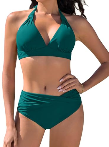 Vijamiy Traje de Baño para Mujer Bikinis Push Up Bañadores Dos Piezas Conjunto Top de Bikini con Cuello Halter(Verde Azulado,S)