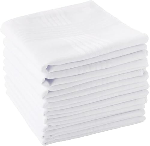 VIZAG 12 Piece Mens Handkerchief Set, Soft Cotton White Large Hankies, Classic Pocket Squares for Daily Use, Shaving Foam Cleanup, Thoughtful Gifts for Men and Practical Mens Gifts