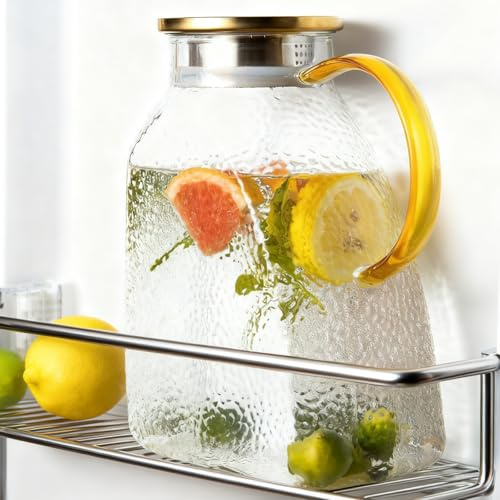 Glass Pitcher with Lid and Spout, 1.8 L/60 oz Clear Fridge Door Jug, Borosilicate Glass Bottle with Handle and Stainless Steel Lid, Hot & Cold Beverage Pitcher for Iced Tea, Coffee, Juice, Milk