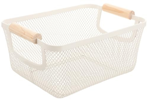 SHINEOFI Cesta de Alambre Metálica Mediana Asa de Madera Cesta de Almacenamiento Rectangular para Baño y Hogar Organizador Decorativo Resistente y Funcional