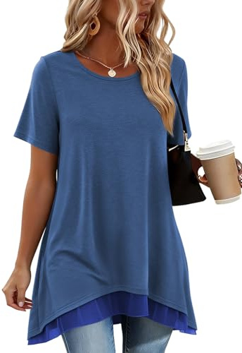 Poetsky Womens Tunics to Wear with Leggings Short Sleeve Casual Long Tops with Pockets Round Neck Tees Loose Summer Shirts, Blue, XL