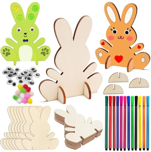 Lot de 10 lapins de Pâques à peindre en bois - Décoration de Pâques - Décoration de Pâques - Kit de bricolage pour enfants - Avec mini pompons colorés et yeux ronds pour la décoration