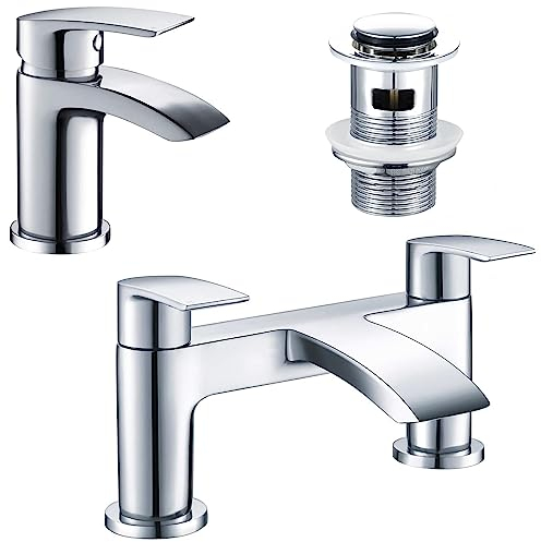 Hapilife Bath Tap and Basin Mixer Tap Set with Slotted Pop up Waste Waterfall Bathroom Sink Taps Cloakroom Bathtub Tub Filler Tap Mixers Monobloc Chrome Brass Bathroom Taps Set Click Clack Modern