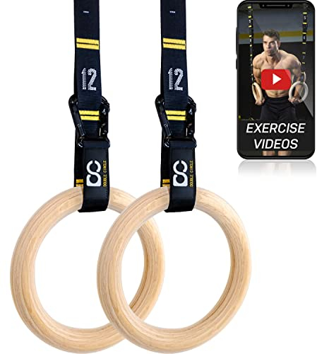 Double Circle Holz Turnringe mit verstellbaren Straps und Übungs Video Anleitung - Gym Turnringe Holz - Full Body Workout, Calisthenics, Gymnastikringe