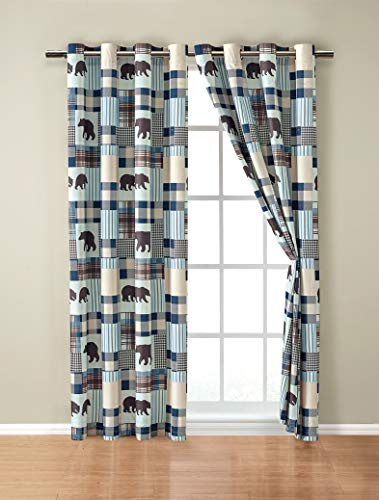 Rugs 4 Less Rustic Modern Farmhouse Cabin Lodge Window Treatment Grommet Curtain Set with Patchwork of Grizzly Bears and Buffalo Plaid Check Patterns Beige Blue - Curtain Set (Western 2)
