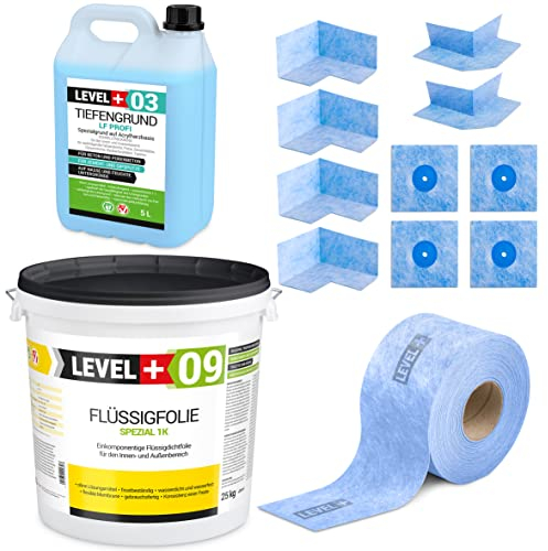Kit d'étanchéité 25 kg, film liquide, 4 coins intérieurs, 4 manchettes murales, bande d'étanchéité de 25 m, fond de profondeur 5 L, étanchéité pour balcon, terrasse, salle de bain, douche SET70