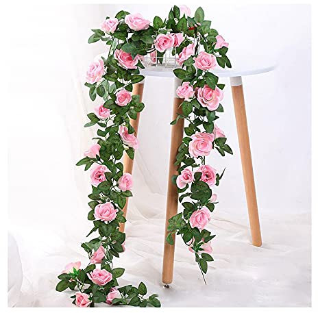 VidFair 2 Pack (15FT) Artificial Rose Vine Garland Fake Rose Flowers Vine Hanging Fake Floral Plants for Wedding Home Party Garden Craft Art Wall Room Decor (Pink)