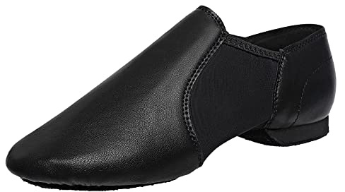 Black Slip-on Jazz Shoes Elastic Leather Sole Dance for Men Womens (11W / 10M)