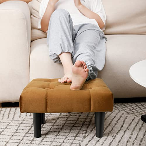 HOUCHICS Small Footstool Ottoman,Velvet Soft Footrest Ottoman with Wood Legs,Sofa Footrest Extra Seating for Living Room Entryway Office(Coffee 1PACK)