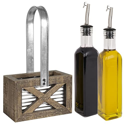 Autumn Alley Rustic Farmhouse Oil and Vinegar Dispenser Set - Oil and Vinegar Caddy Holder Set of Weathered Wood, Galvanized Metal - Adorable Rustic Kitchen Decor -250ml 8 oz